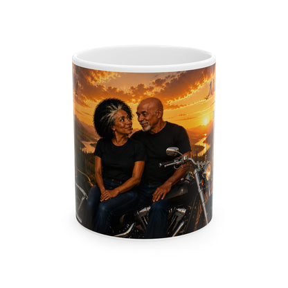 Personalized Biker Couple Mug – Custom Names Romantic Gift (11oz / 15oz)
