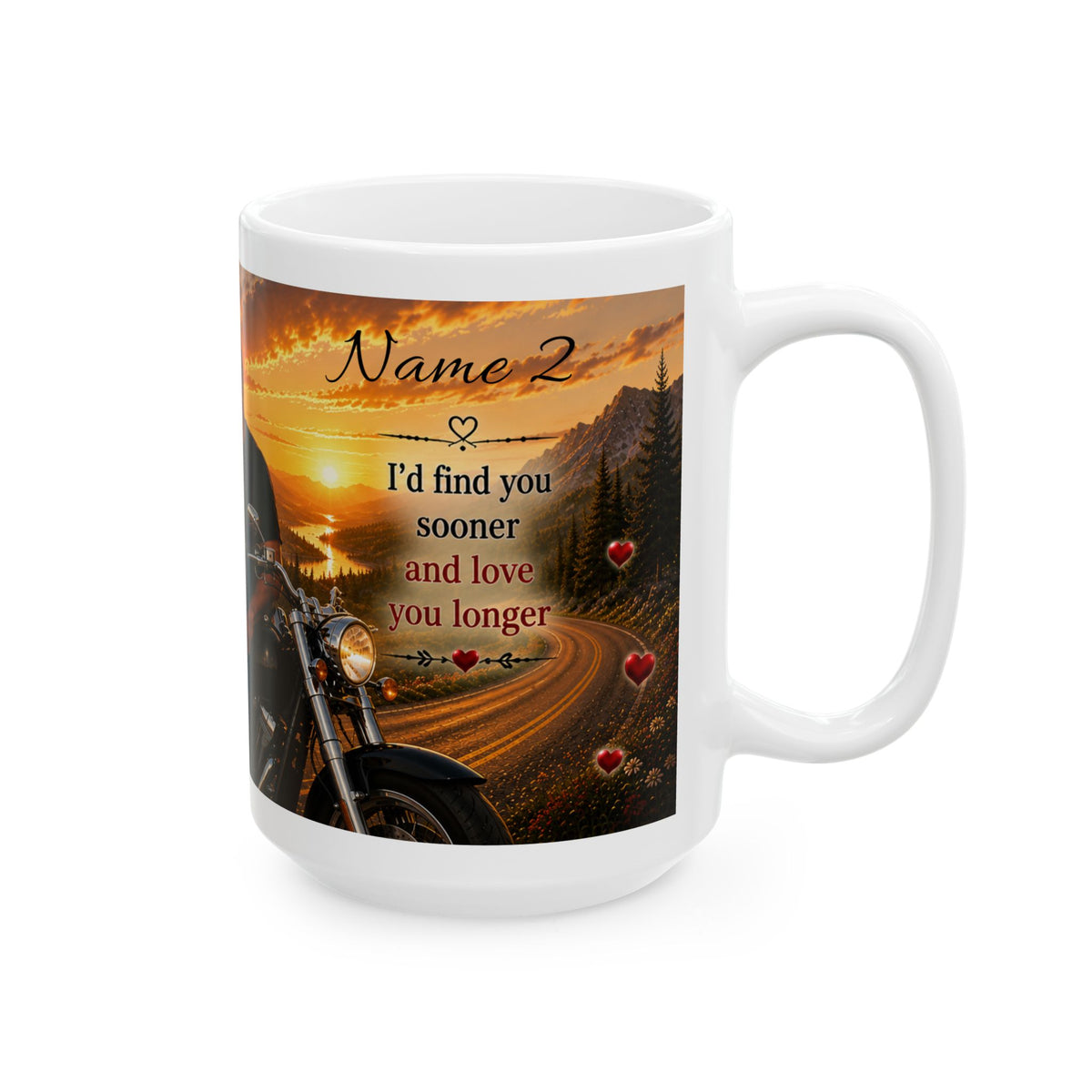 Personalized Biker Couple Mug – Custom Names Romantic Gift (11oz / 15oz)