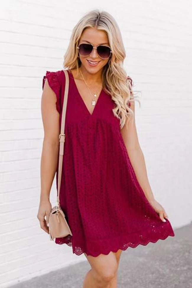 Lace Dresses/Pocket Summer Sleeveless Jacquard Cutout V-Neck Beach