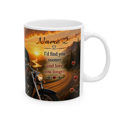 Personalized Biker Couple Mug – Custom Names Romantic Gift (11oz / 15oz)