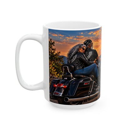 Biker Couple Romantic Sunset Coffee Mug – 15 oz | Motorcycle Love Gift