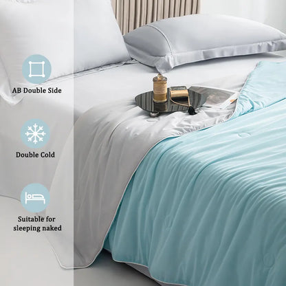 Cooling Blankets Smooth Air Condition Comforter in various colors, designed for summertime comfort, displayed on a bed in a modern bedroom setting.