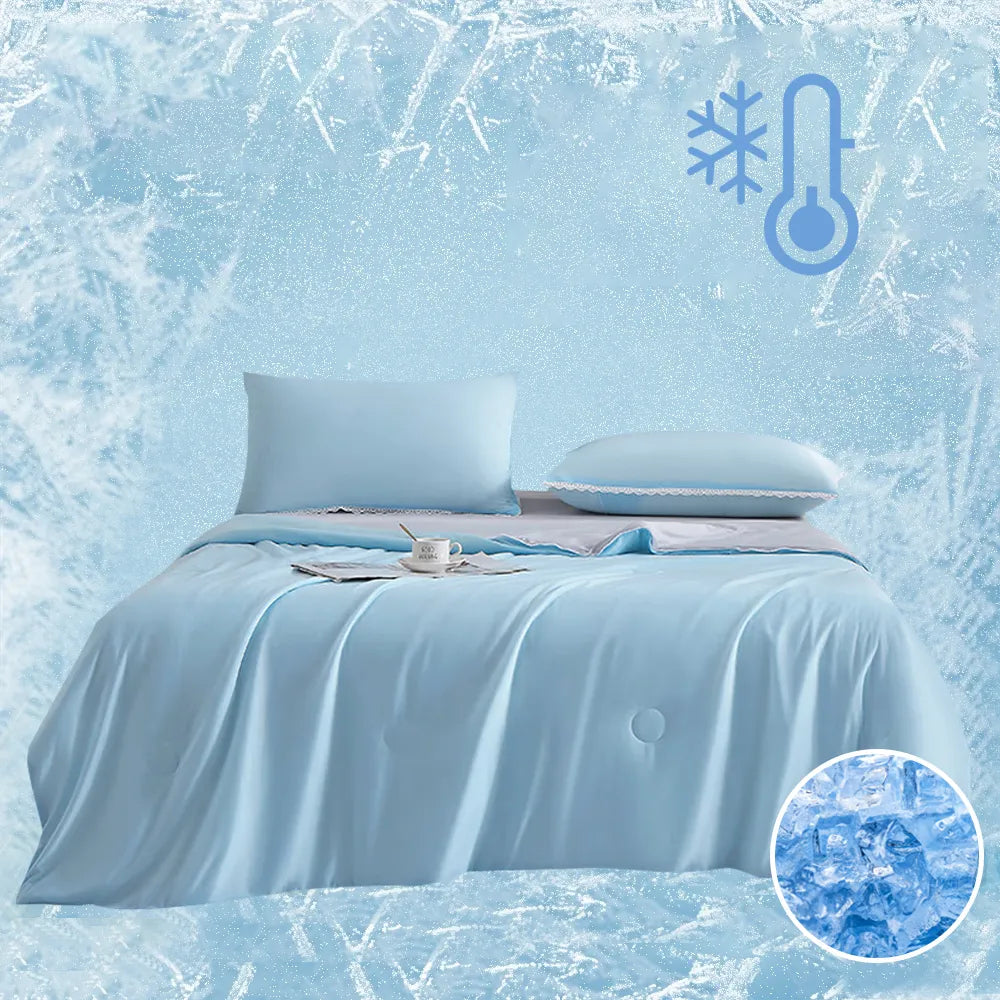 Cooling Blankets Smooth Air Condition Comforter in various colors, designed for summertime comfort, displayed on a bed in a modern bedroom setting.