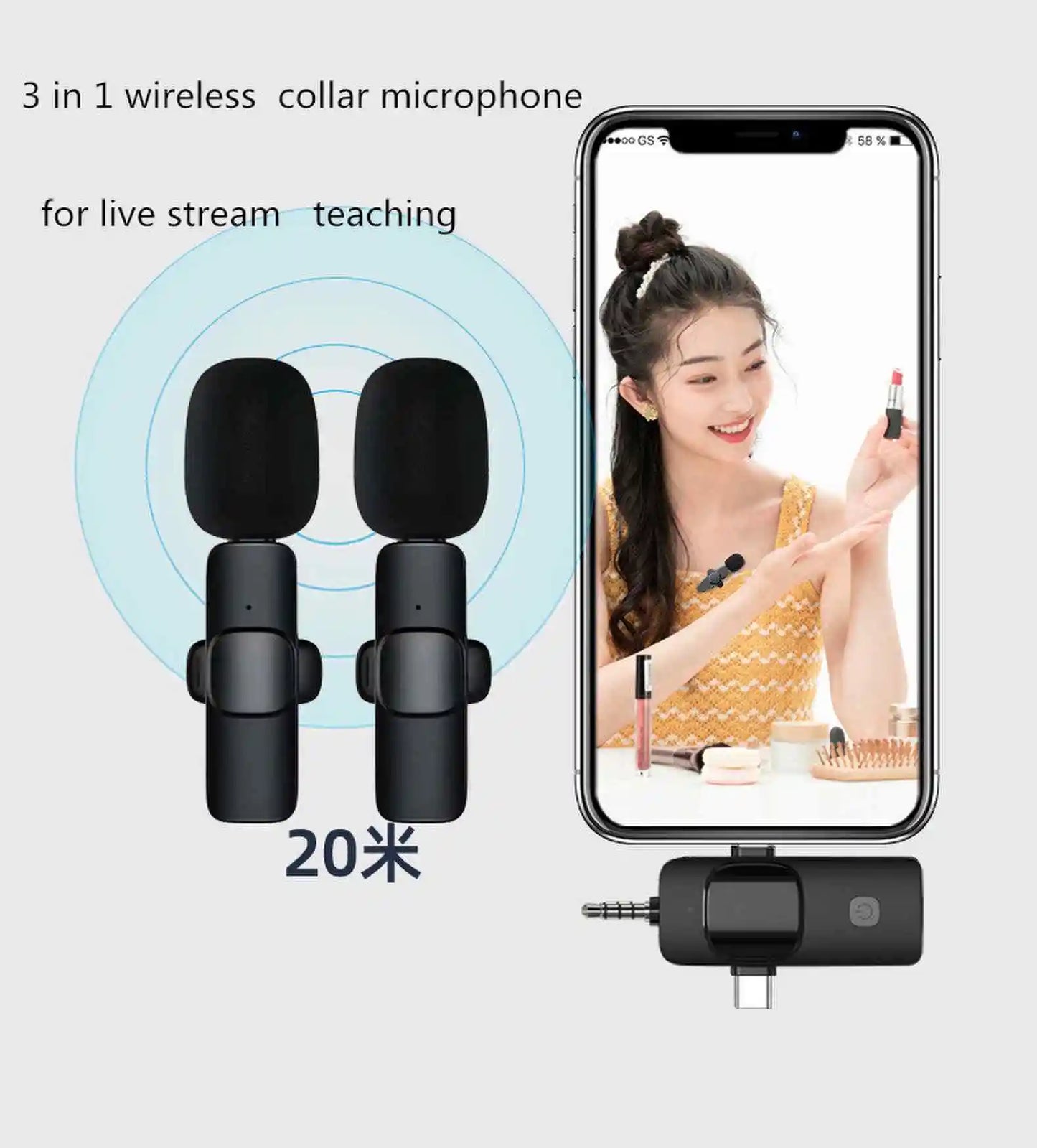 Wireless Lavalier Microphone 4 in 1 Intelligent Noise-Reducing Mic for iPhone Android SLR Camera Loudspeaker Radio